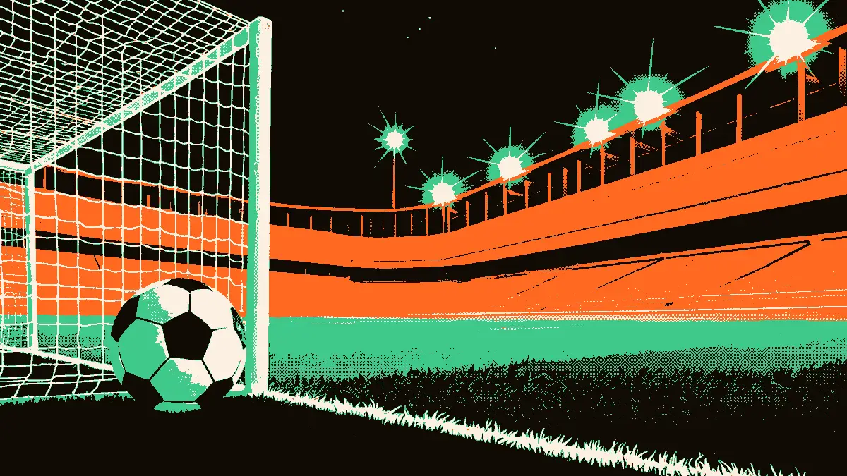 Une illustration représentant un ballon de football posé dans les filets d'un but au premier plan, avec en arrière-plan des gradins vides et l'entrée du tunnel d'un stade éclairé par des projecteurs, évoquant la Ligue des champions sans aucune référence textuelle ni humaine.