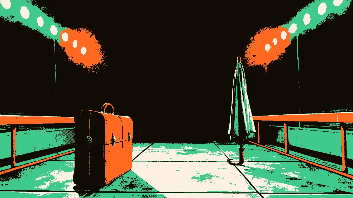 Une illustration symbolique d'une confrontation : une mallette en cuir face à un parapluie fermé sur un sol pavé, devant un tunnel de stade éclairé par des projecteurs, évoquant un face-à-face tendu.