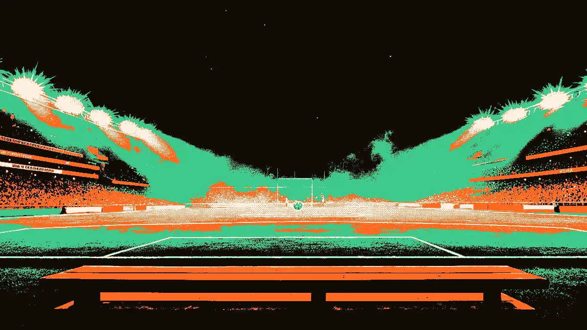Une illustration montre un banc de touche vide au premier plan, éclairé par des projecteurs, tandis qu'un ballon lumineux flotte au-dessus d'un terrain vert, symbolisant l'entrée en jeu décisive d'un remplaçant.