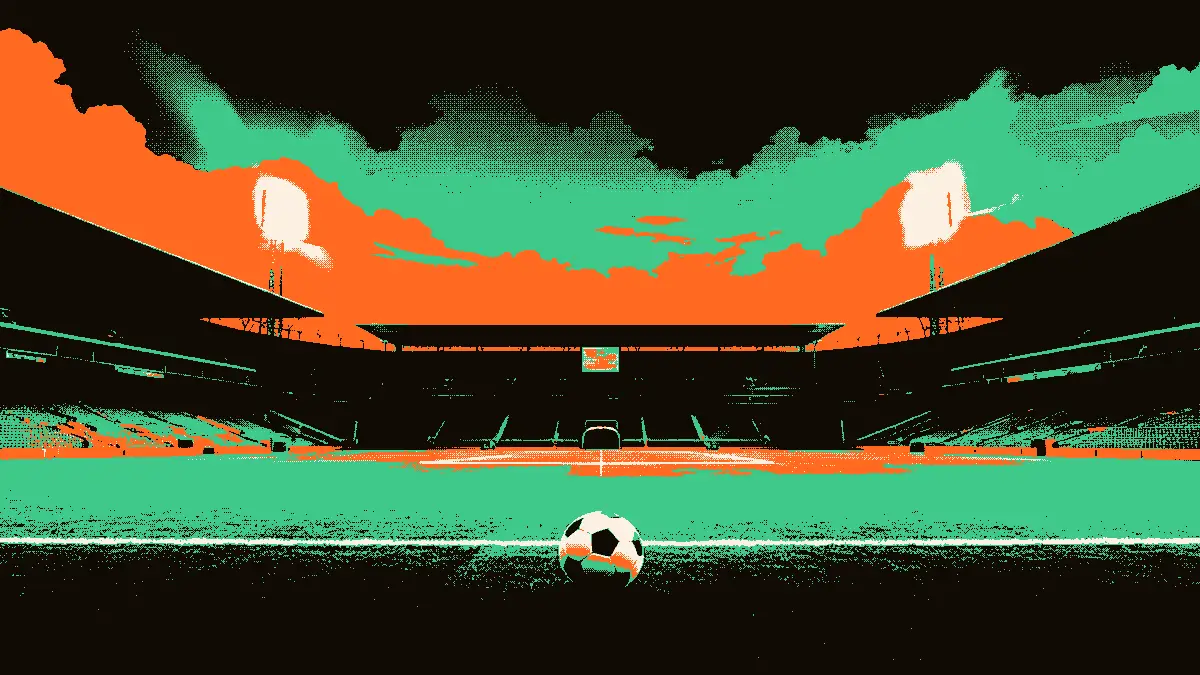 Illustration d'un stade vide éclairé par des projecteurs au crépuscule, avec un ballon de football posé sur le point central d'un terrain fraîchement tracé, encadrés par des gradins imposants et l'entrée en arche du tunnel des vestiaires en arrière-plan.