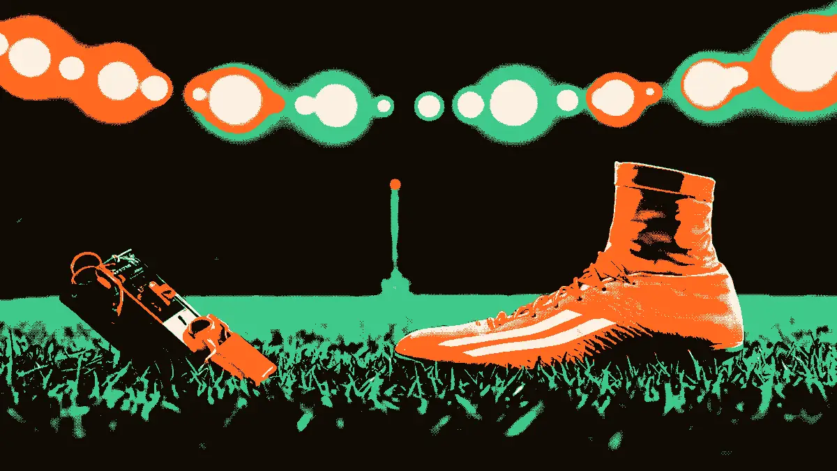 Une illustration d'une chaussure de football posée sur l'herbe, un sifflet d'arbitre appuyé contre elle, avec en arrière-plan flou les projecteurs d'un stade et un tableau tactique, évoquant le débat autour d'une nomination sportive.