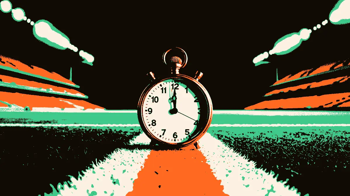Un chronomètre posé au centre d'un terrain de football vide, encadré par des gradins silencieux et des projecteurs allumés, évoquant l'attente d'une décision à venir.