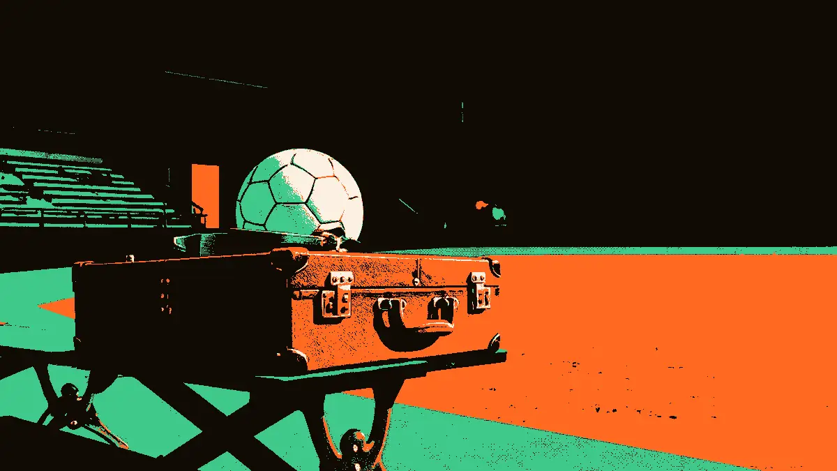 Illustration évoquant un choix interne plutôt qu'étranger : une valise fermée posée sur un banc de vestiaire avec un sifflet et un ballon, et des portes entrouvertes en arrière-plan menant vers un stade vide.