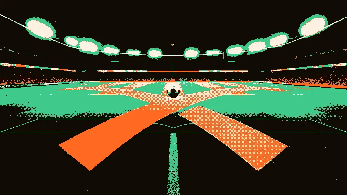 Illustration abstraite d'un terrain de football vu d'en haut, avec deux flèches qui se croisent au centre autour d'un ballon lumineux, évoquant un renouvellement au milieu de terrain, entourées de gradins et de projecteurs flous.