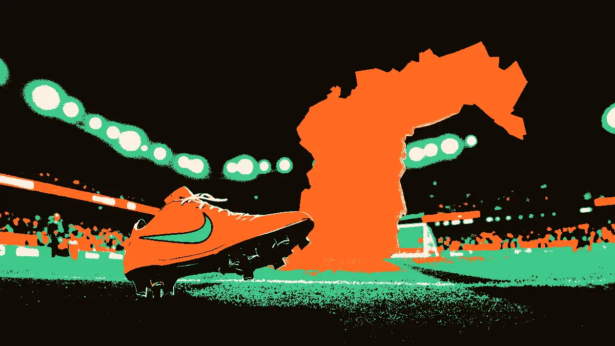Une illustration montrant une scène de football symbolisant un choix décisif : au premier plan, un crampon posé sur le sol pointe vers une grande porte ouverte encadrée comme un portail, avec en arrière-plan des gradins illuminés par des projecteurs, évoquant un joueur face à un 