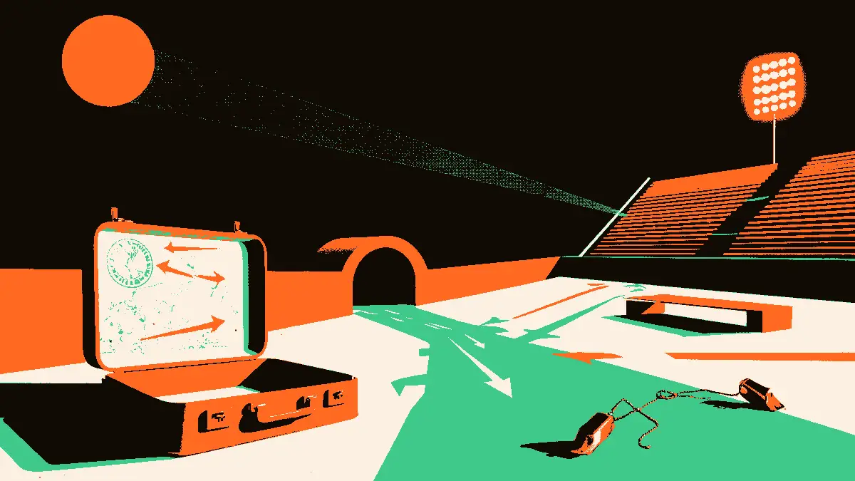 Une illustration symbolique d'un choix de carrière mouvementé : au premier plan, une valise ouverte avec une empreinte de tampon et des flèches directionnelles pointant vers plusieurs chemins divergents sur une carte stylisée ; au second plan, deux sifflets d'entraîneur croisés p