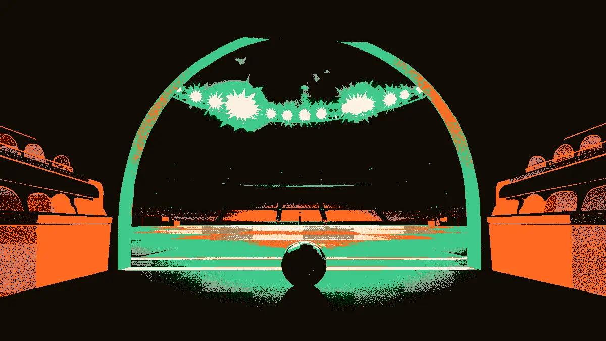 Illustration montrant un ballon de football posé seul au centre d'un terrain désert, encadré par l'entrée sombre du tunnel des vestiaires, avec des gradins vides et des projecteurs en arrière-plan, évoquant une mise à l'écart et une porte fermée.
