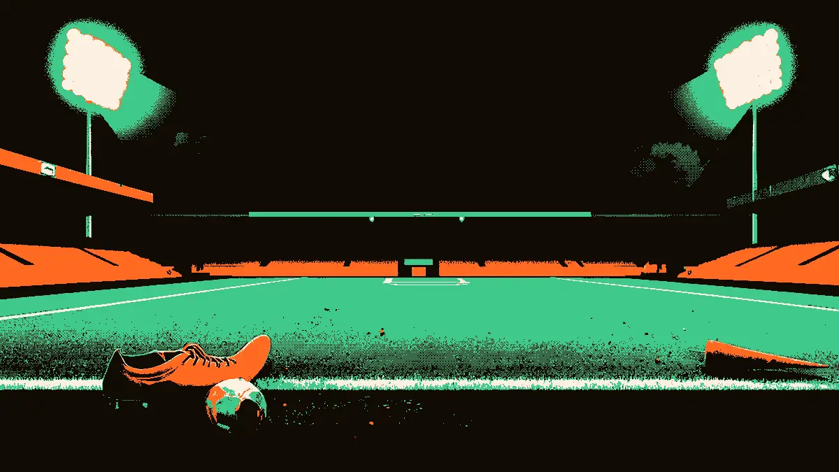 Illustration d'une scène de football en Afrique : une chaussure de foot solitaire et abandonnée sur la pelouse d'un stade vide, accompagnée d'un brancard médical et d'un cône d'entraînement usé, sous des projecteurs tamisés.
