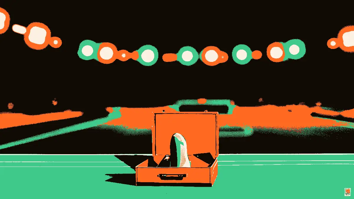 Illustration d'un crampon de football posé à côté d'une valise ouverte sur un quai de départ faiblement éclairé, avec des projecteurs de stade flous brillant en arrière-plan derrière une barrière, évoquant un départ pour un nouveau prêt.