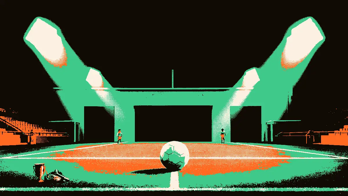 Un terrain de football dont le tunnel d'accès aux vestiaires est grand ouvert en arrière-plan, éclairé par des projecteurs ; au premier plan, une chaussure de football pointée vers un ballon posé sur une ligne de départ, accompagné de chronomètres et d'un trophée pour évoquer l'i