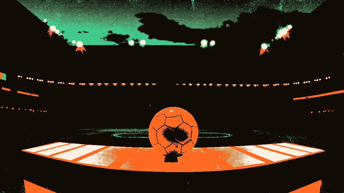 Un ballon doré posé sur un socle au premier plan d'un stade vide au crépuscule, accompagné d'une rangée de plaques vierges évoquant la liste des nommés.