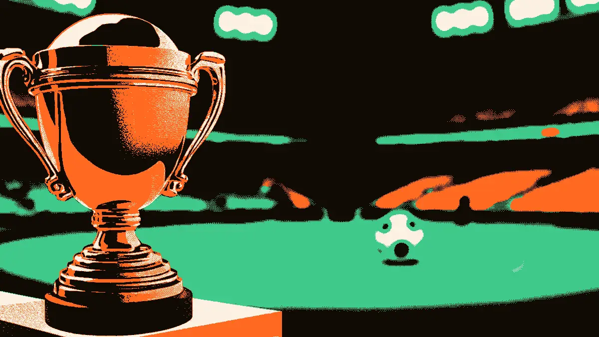 Une scène sportive stylisée montrant un trophée doré posé sur un socle au premier plan, avec un ballon de football éclairé par des projecteurs et des gradins vides en arrière-plan.