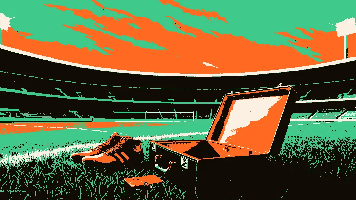 Une valise ouverte posée sur la pelouse d'un stade, entourée de crampons alignés et d'un sifflet, avec des projecteurs allumés et des gradins vides se dessinant dans la lumière du soir.