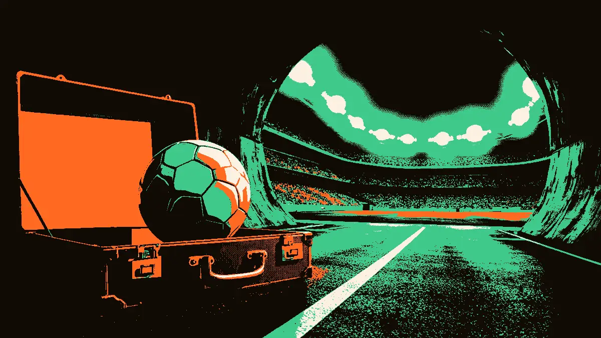 Une valise ouverte posée au sol d'un tunnel de stade avec un ballon de football à l'intérieur, symbolisant un nouveau départ, entourée de projecteurs lumineux et d'une route qui s'étend vers l'horizon.