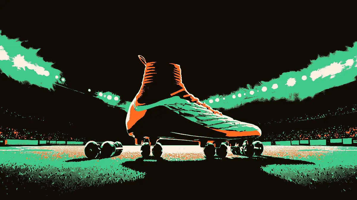 Une scène de transfert symbolisée par une grande chaussure de football dominant des crampons plus petits, sous les projecteurs d'un stade, évoquant une concurrence accrue entre joueurs.