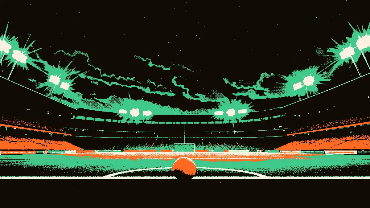 Illustration représentant un stade de football illuminé par des projecteurs la nuit, avec un ballon posé au centre près d'un poteau de but, les tribunes vides se dressant en arrière-plan, évoquant un grand début sur la scène européenne.