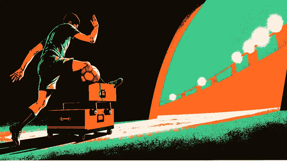 Une scène de transfert symbolisée par une valise ouverte d'où sort un ballon lancé par un crampon, à l'entrée d'un tunnel menant vers des gradines éclairées par des projecteurs, illustrant un nouveau départ vers un club et la fierté nationale.