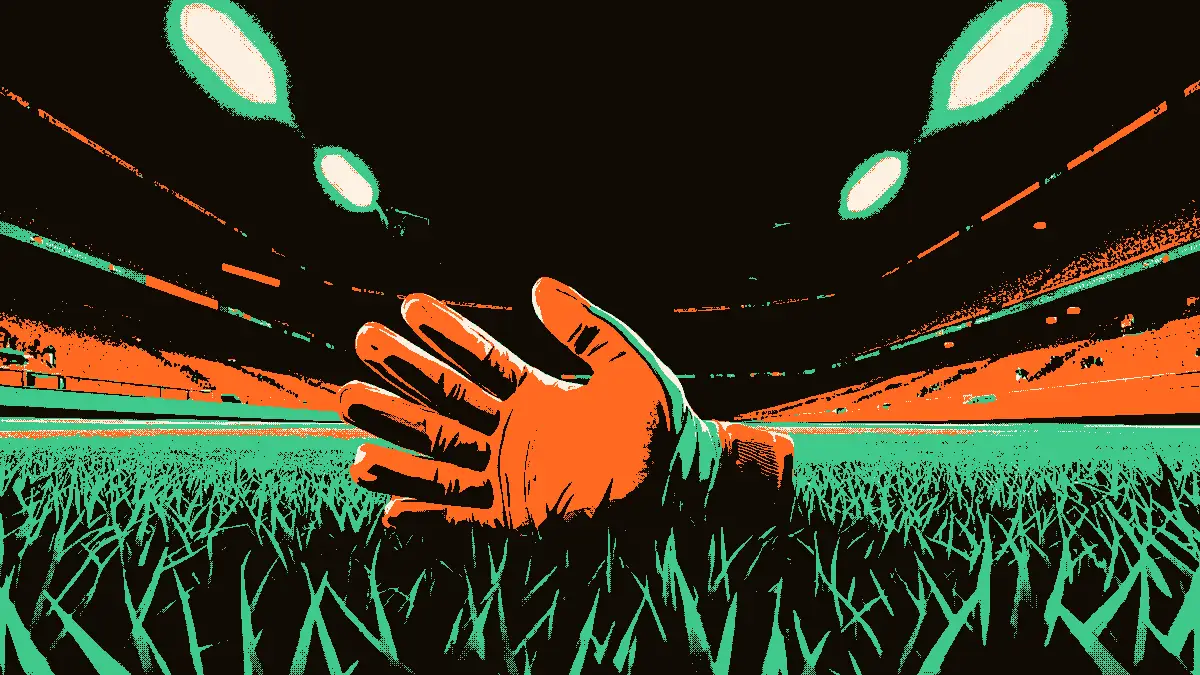 Illustration évoquant la blessure d'un gardien : un gant de gardien posé sur la pelouse d'un stade vide éclairé par des projecteurs, avec un tunnel sombre en arrière-plan, symbolisant l'absence au coup d'envoi.