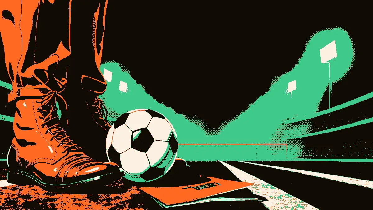 Illustration d'un contrôle frontalier : un ballon de football et des crampons posés près d'un passeport fermé sur un guichet, un bras de barrière abaissé bloquant le passage, et des projecteurs de stade diffusant leur lumière dans la brume en arrière-plan.