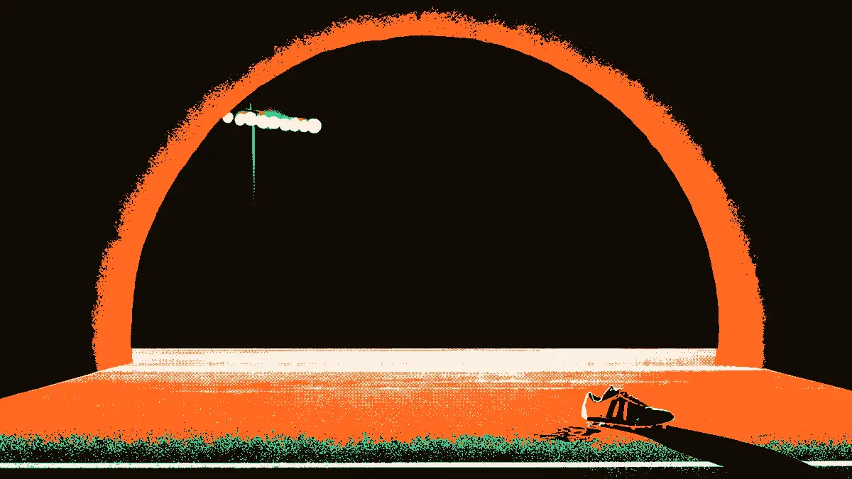 Illustration d'un terrain de football observé depuis l'entrée sombre d'un tunnel, avec une chaussure de foot posée seule sur la ligne de touche sous la lumière des projecteurs, symbolisant un joueur absent.