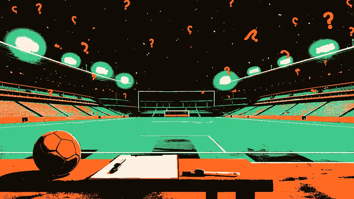 Une scène de stade africain au crépuscule avec des gradins vides, un ballon posé sur un porte-documents sur un banc, un sifflet, un stylo et des confettis en forme de points d'interrogation flottant dans l'air pour évoquer la controverse.