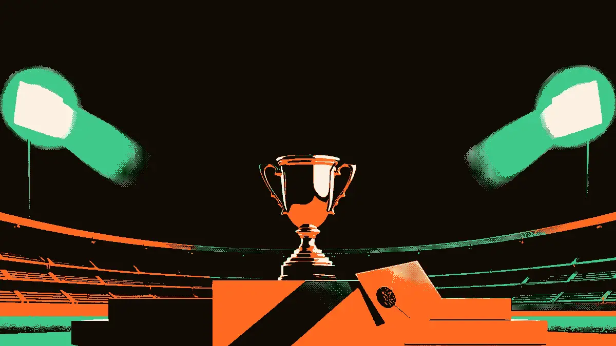 Une scène nocturne dans un stade vide : un trophée posé sur un podium éclairé par des projecteurs, des gradins déserts en arrière-plan, et une enveloppe scellée glissée contre le podium, évoquant une consultation confidentielle.