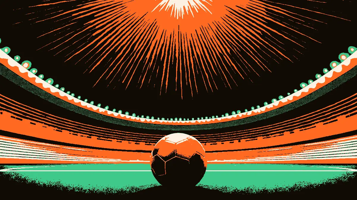 Illustration d'un ballon de football posé au centre d'un terrain de stade baigné de lumière, avec des ondes dorées concentriques évoquant le démarrage d'une compétition et des gradins vides en arrière-plan.