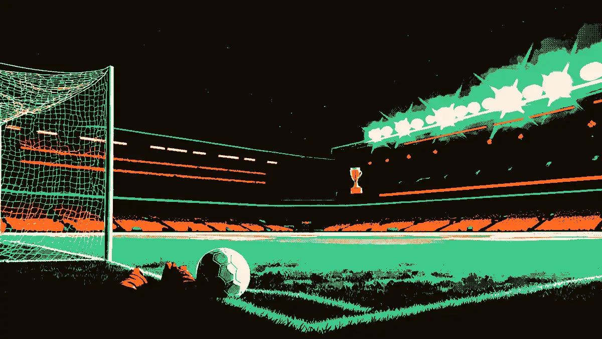 Illustration d'un stade vide au crépuscule : un ballon posé sur la pelouse près d'un filet de but, des crampons abandonnés à côté, et un trophée mis en lumière par les projecteurs au second plan, évoquant une qualification sportive.