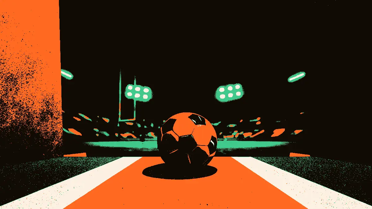 Un ballon de football posé sur une ligne de départ au seuil d'un tunnel de stade éclairé par des projecteurs, avec un trophée posé en silhouette au loin.