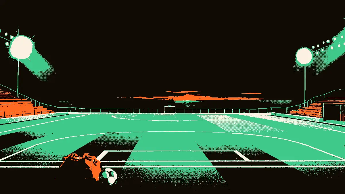 Un terrain de football désert éclairé par des projecteurs, avec en arrière-plan un tunnel donnant sur un paquebot au loin, et au premier plan des crampons, un ballon et un sac de sport posés près du banc.