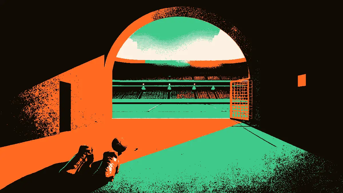 Une vue d'un tunnel de stade désert menant à un terrain éclairé par des projecteurs, avec un ballon et une paire de crampons posés près d'une grille ouverte, illustrant le passage au tour suivant.