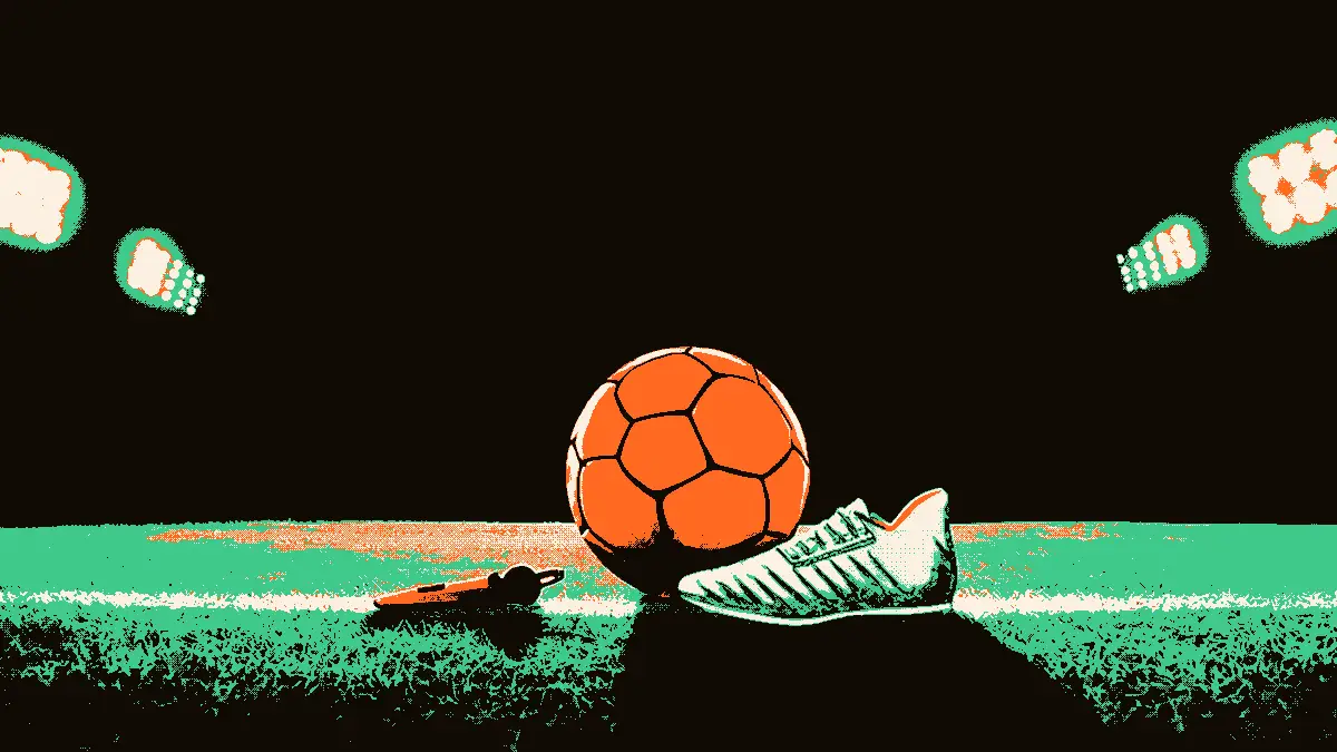 Illustration représentant un ballon de football posé au point central d'un terrain vide, accompagné d'une seule chaussure de football dressée, d'un sifflet posé dans l'herbe et de projecteurs de stade allumés en arrière-plan, évoquant une convocation imprévue dans le sport.