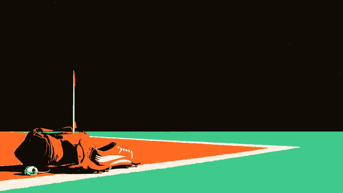 Une scène de football stylisée : un crampon posé près d'un corner, accompagné d'une valise de sport et d'un sifflet, le tout éclairé par des projecteurs de stade, sans aucun texte ni personnage.