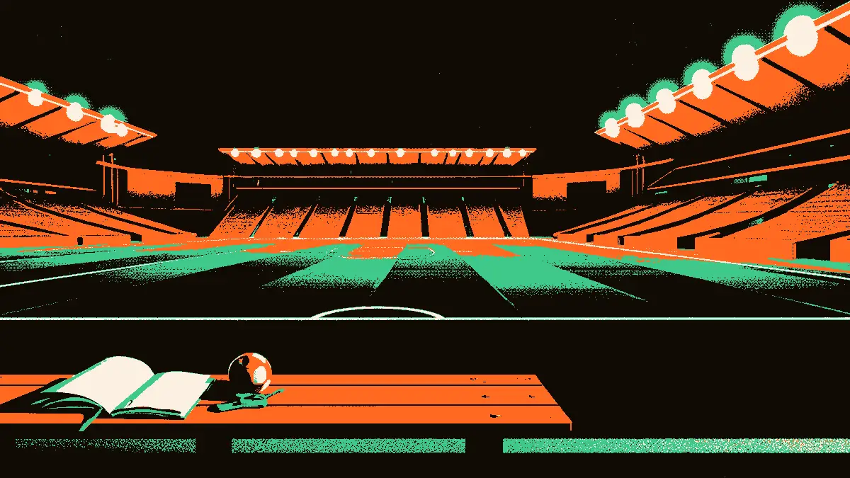 Une scène nocturne dans un stade vide : un banc de touche éclairé par des projecteurs, avec un ballon, un sifflet d'arbitre et un calepin ouvert posé dessus, tandis que des gradins se dessinent dans la pénombre de l'arrière-plan.
