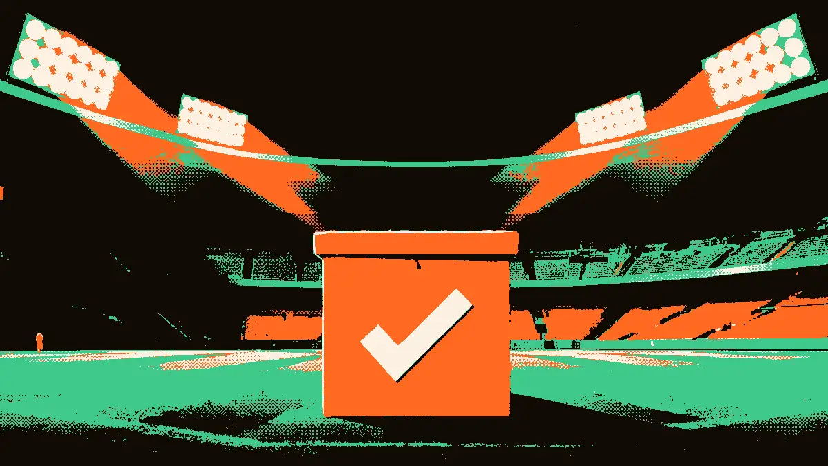 Une urne de sondage marquée d'un coche posée au centre d'un terrain de football sous les projecteurs d'un stade vide, symbolisant une consultation populaire surprise dans le monde du football africain.