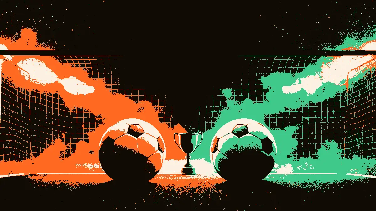 Une composition épurée symbolisant une confrontation footballistique : un but vide au centre, un ballon de chaque côté, et un trophée en silhouette à l'arrière-plan, le tout éclairé par des projecteurs de stade.