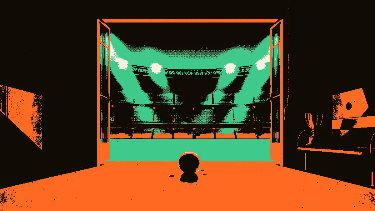 Vue d'un stade vide au crépuscule, vu depuis l'entrée du tunnel des joueurs : un ballon de football posé au point central avec une paire de crampons à côté, des projecteurs allumés illuminant les gradins vides et un trophée doré posé sur le banc de touche.