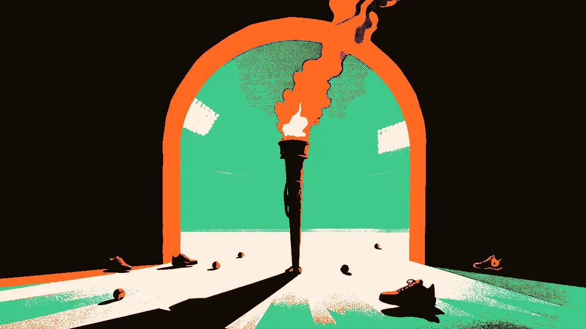 Illustration montrant une torche olympique lumineuse portée au centre d'un tunnel de stade ouvert, entourée de ballons et de crampons posés au sol, avec des projecteurs de stade éclairant l'arrière-plan.