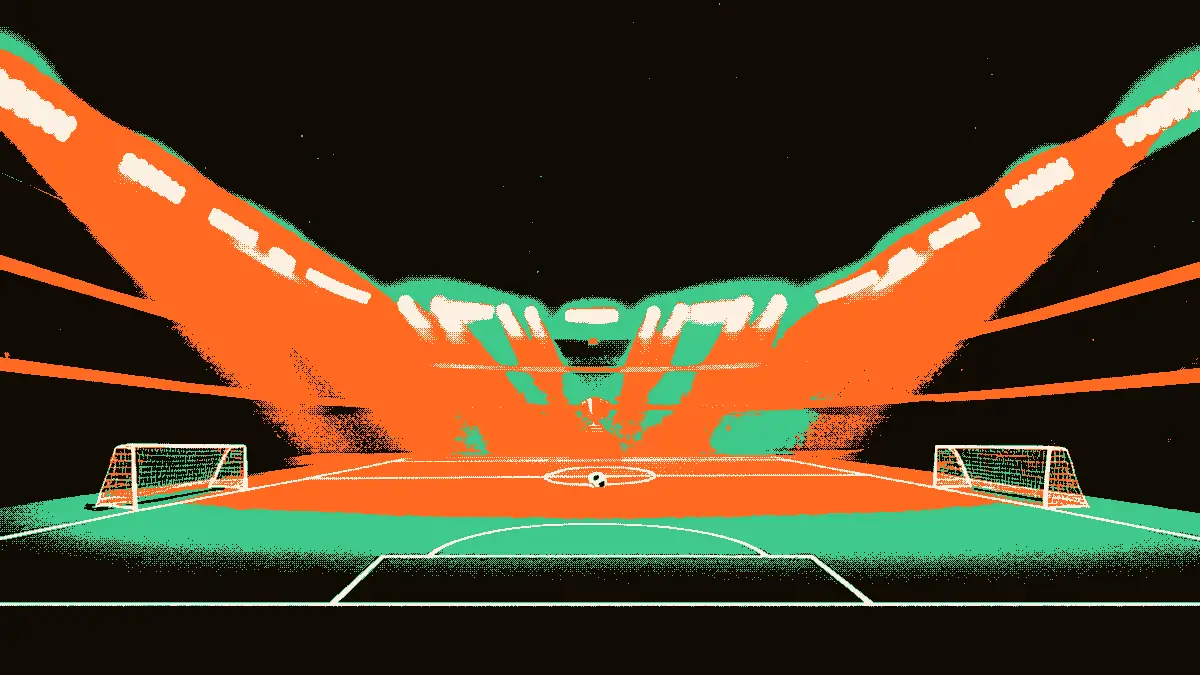 Une scène de stade vide au crépuscule : un terrain avec ses deux cages face à face, un ballon sur le rond central, un tunnel de vestiaire éclairé menant vers un podium surmonté d'un trophée sous les projecteurs, évoquant l'accès à une finale.