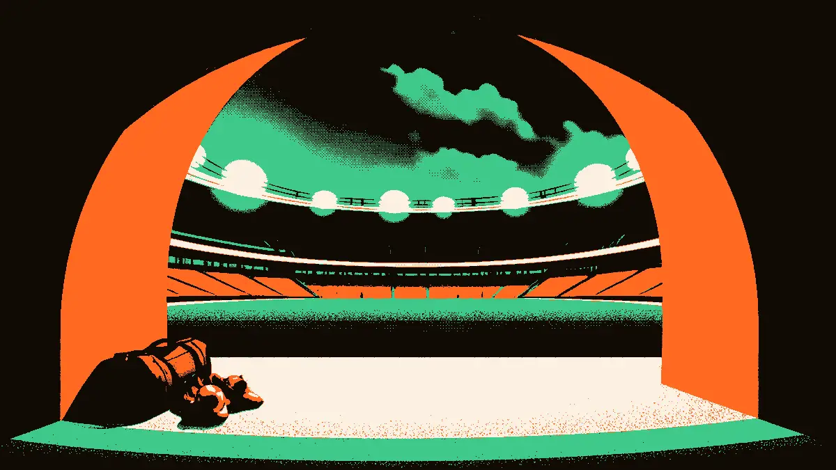 Vue d'un tunnel de stade éclairé par des projecteurs, donnant sur une pelouse où une valise ouverte, une paire de crampons et un ballon attendent près de gradins rouges vides, évoquant l'arrivée de nouveaux joueurs.