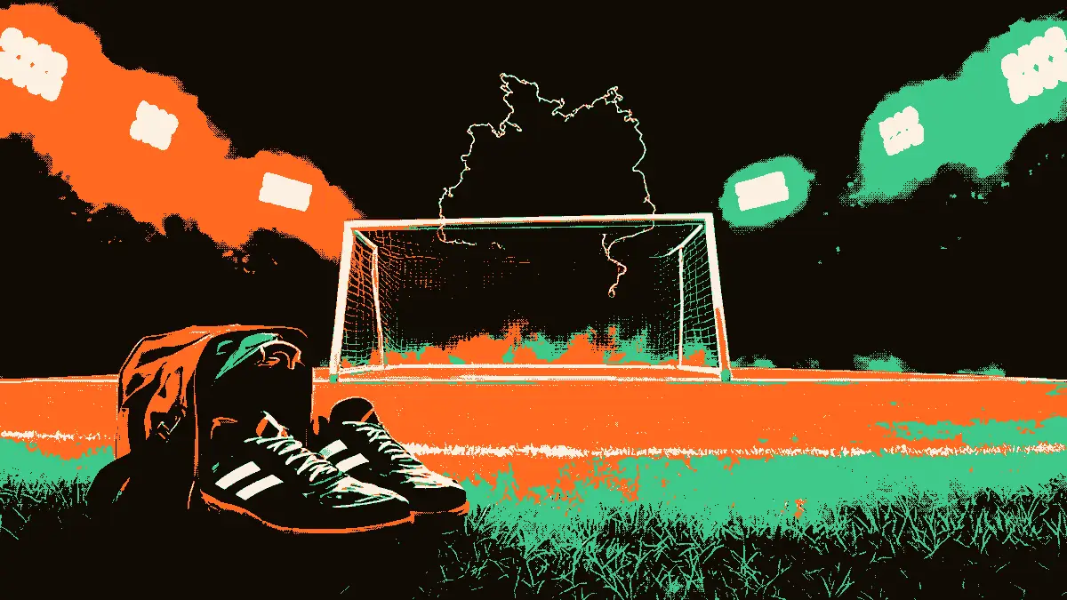 Sur un terrain de football éclairé par des projecteurs, un sac de sport ouvert libère une paire de crampons qui se dirige vers un tunnel lumineux en forme de cage de but. Au bout du tunnel se dessine en silhouettes géométriques un paysage évoquant l'Allemagne, avec un léger broui