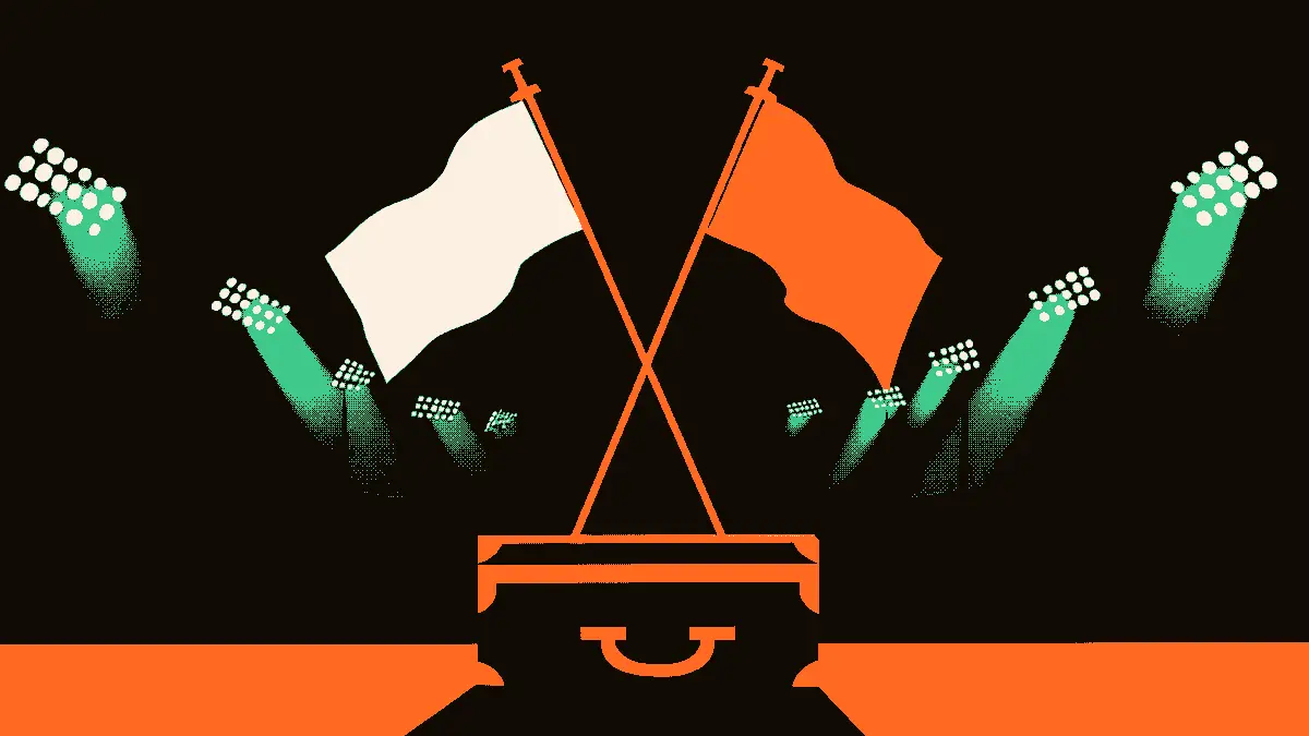 Une valise de voyage sur un terrain, avec un drapeau de football qui glisse à l'intérieur, symbolisant un départ, tandis qu'un autre drapeau flotte à côté, éclairé par des projecteurs de stade.