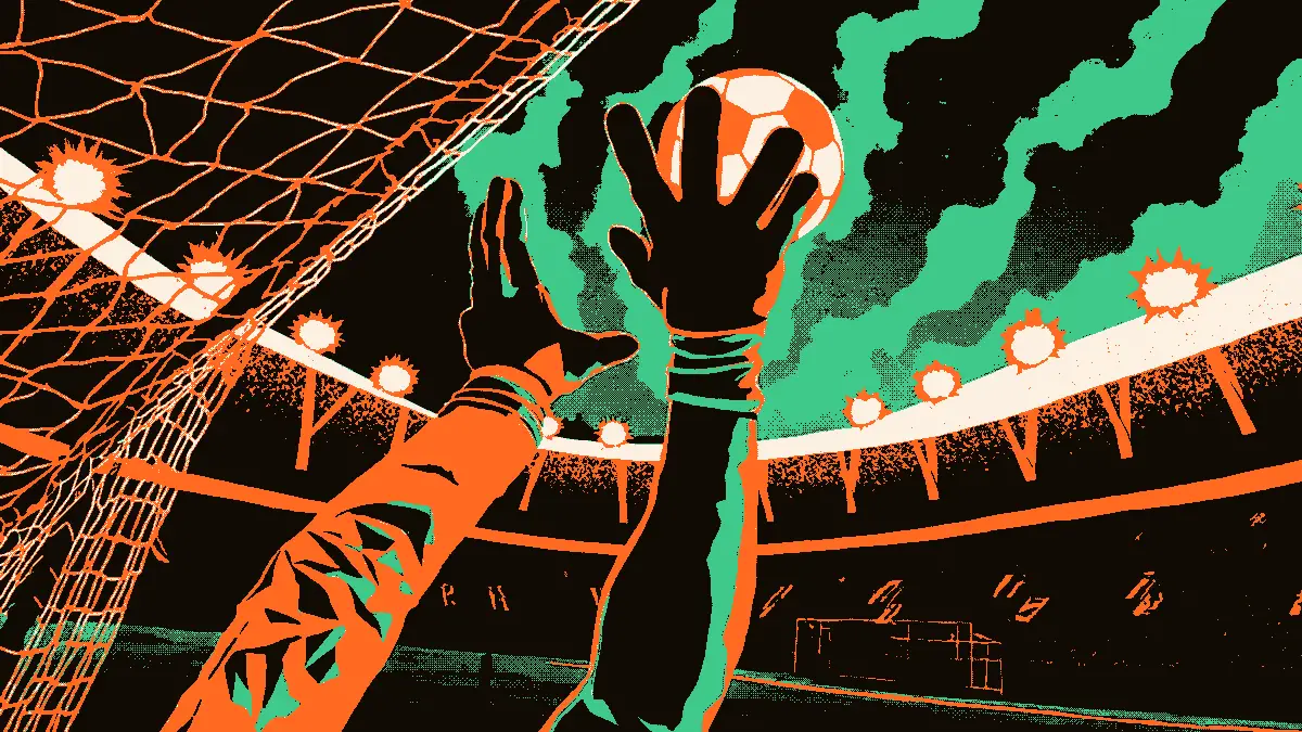 Illustration d'un gant de gardien de but déviçant un ballon au-dessus d'une cage, avec des projecteurs de stade illuminant la scène en soirée, évoquant une première titularisation réussie en deuxième division.