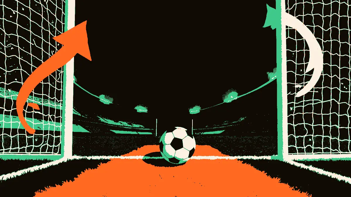 Un stade vide au crépuscule avec un ballon usé au centre, deux flèches rouges transperçant le filet d'un but, symbolisant une élimination sportive.