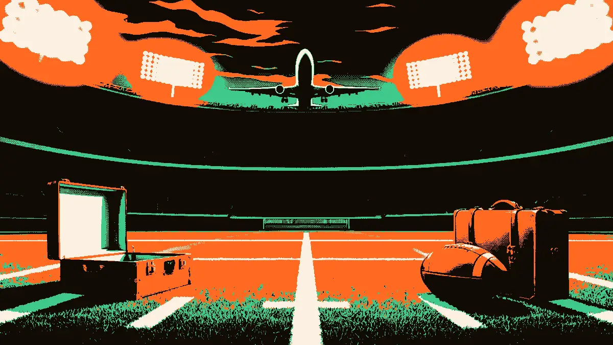 Une scène de départ pour un voyage lointain : un ballon de football posé sur une pelouse aux tracés blancs, accompagné d'une malle de voyage en cuir ouverte, tandis qu'un avion décolle au-dessus des projecteurs et des gradins vides d'un stade, évoquant le trajet vers un match à l