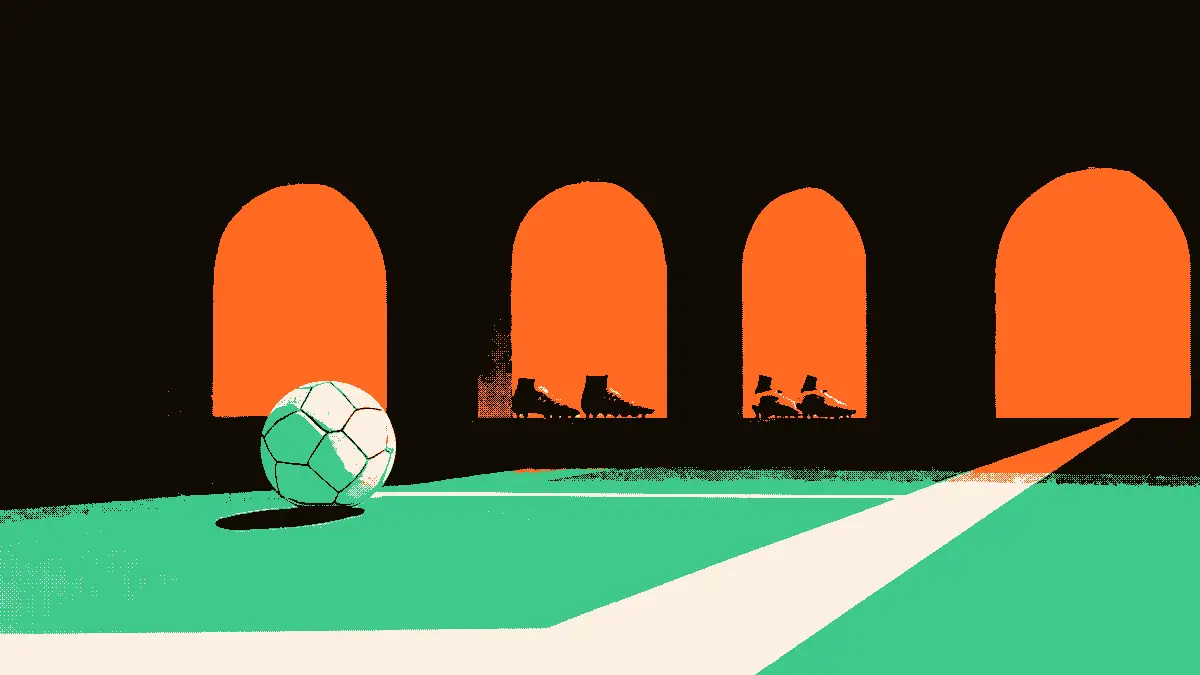 Illustration évoquant un choix de carrière : un ballon posé près d'une ligne de touche, trois crampons alignés et trois tunnels éclairés symbolisant trois destinations possibles, sans aucune personne ni inscription.