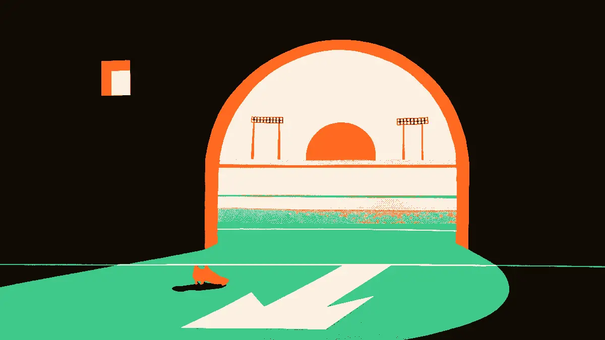Illustration d'un retour en terre d'adoption : une paire de crampons posée au bord du terrain sous les projecteurs, une flèche lumineuse tracée sur la pelouse qui pointe vers les gradins, évoquant un retour validé.