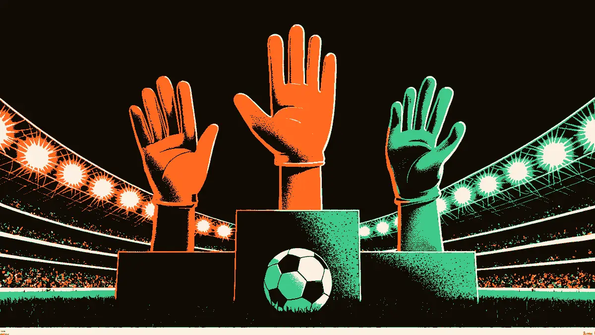 Illustration d'un podium de stade avec trois paires de gants de gardien alignées sur les marches, un grand trophée à côté, un ballon au pied du podium et des projecteurs illuminant la scène.