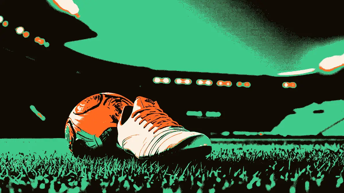 Une scène symbolique illustrant un transfert manqué : au premier plan, un crampon de football posé seul sur l'herbe avec un ballon derrière, et à l'arrière-plan, les portes entrouvertes d'un tunnel de stade vide, évoquant une opportunité laissée en suspens.