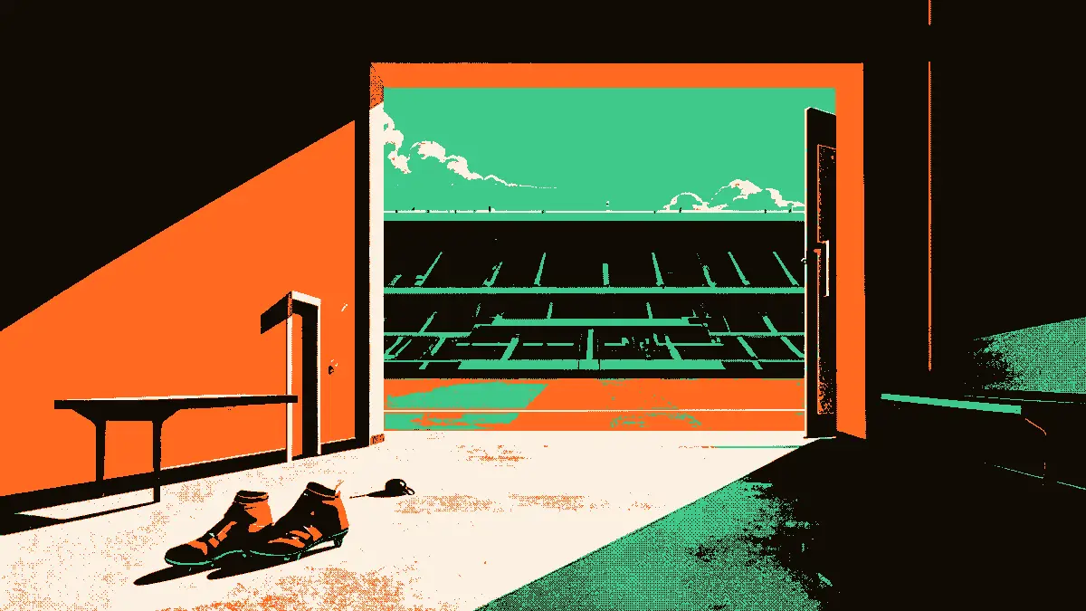 Vue d'un stade vide : le tunnel mène au terrain éclairé par des projecteurs, une porte latérale reste entrouverte, une paire de crampons usés et un sifflet posé sur un banc symbolisent la fin de carrière internationale évoquée par le titre.